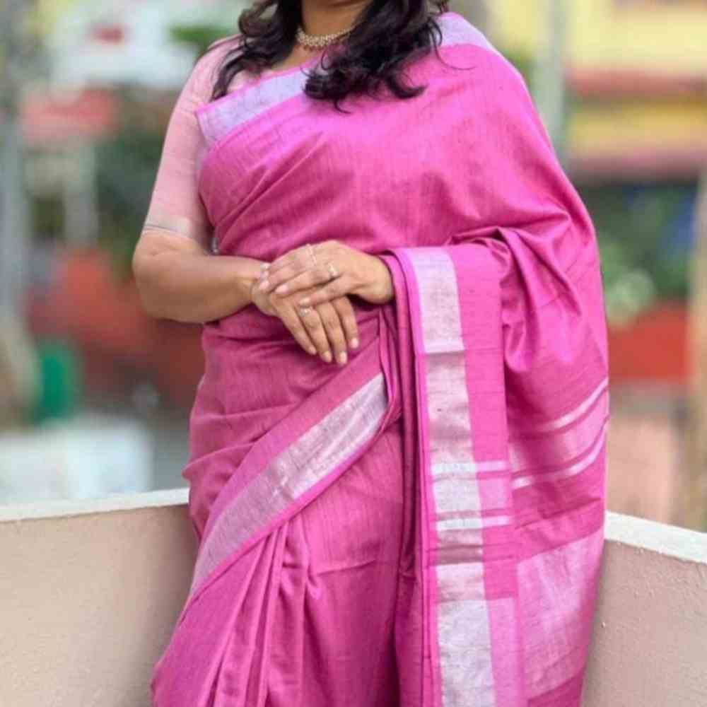 Cotton linen Saree with Zari Border in Pink